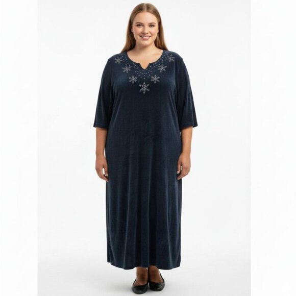 Quacker Factory Velvet Robe 1X Beaded Snowflake Teal Navy Blue Pockets Modest - Picture 1 of 12
